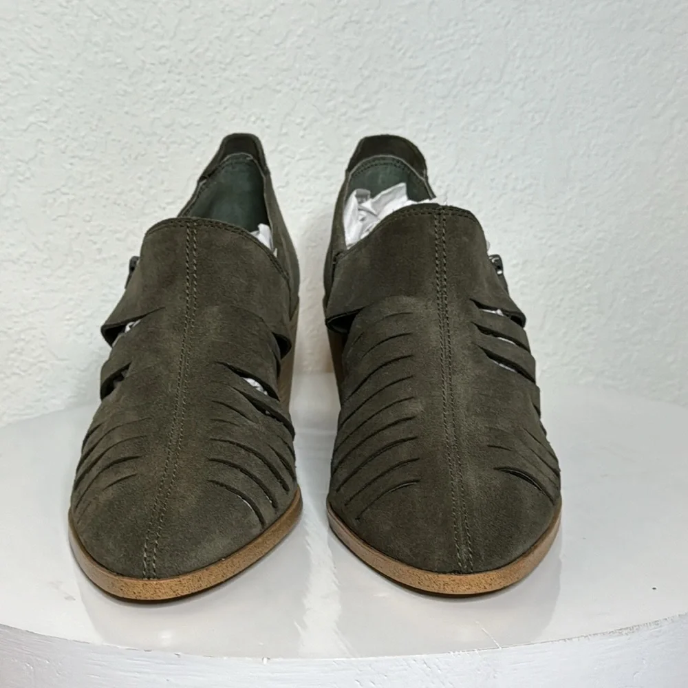 1. STATE ARNET OLIVE SUEDE LASER CUT POINTED TOE  HEELED ANKLE BOOTIE - Picture 3 of 14